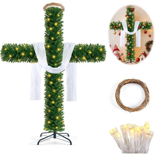 76 Inch Cross Christmas Tree with 2 Lights Strings and Garland Jesus Christ Catholic Cross Decor Decoration Foldable Xmas Tree for Indoor Outdoor Holiday, Yard, and Church Nativity Scene Decor