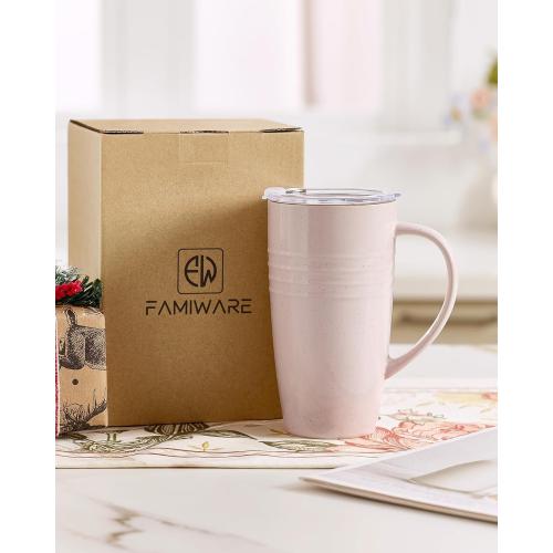 famiware Jupiter Large Coffee Mug, 20oz Coffee Mug with Lid, Ceramic Cup with Handle for Latte, Tea, Cocoa, Milk, Home & Office, Microwave and Dishwasher Safe, Light Pink