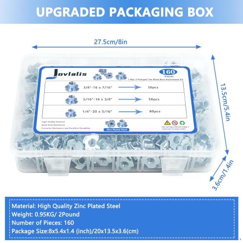 T Nuts 1/4-20, 5/16-18, 3/8-16, Jovlalis 160 pcs Zinc Plated Steel T-Nut 4 Pronged Tee Blind Nuts Assortment Kit for Wood, Rock Climbing Holds, Cabinetry, Furniture