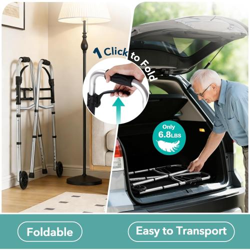 HOMENURSE Folding Walkers for Seniors with Skis, Width & Height Adjustable | Narrow Walker with 5 Wheels for Small Spaces, Aluminum Lightweight Standard Rolling Walker, Supports Up to 300lbs, Silver