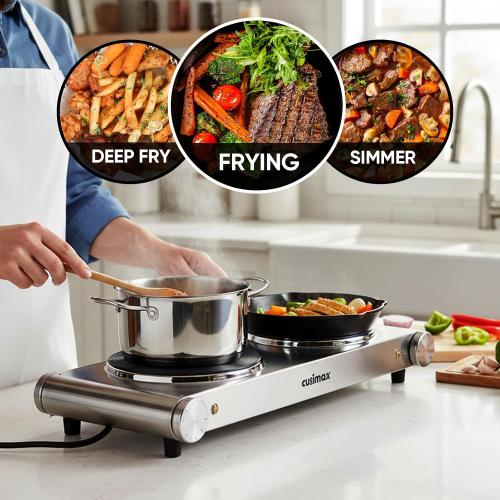 CUSIMAX Electric Hot Plate, 1800W Double Burner, Cast Iron Countertop Stove | Hot Plates for Cooking, Portable Countertop Cooktop, Works with All Cookware, Stainless Steel, Easy Cleanup,Upgraded Version