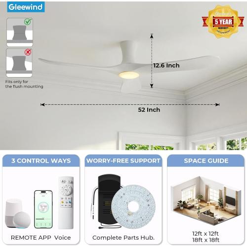 52 inch Smart White Ceiling Fans with Lights, Outdoor Flush Mount Low Profile Ceiling Fan with WIFI Alexa and App Remote Control, Quiet DC Motor, 3 Blades Wood Modern ceiling fan for Bedroom Patio
