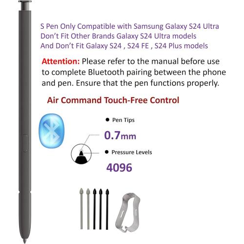Galaxy S24 Ultra S Pen [WithBluetooth |4096 Pressure Sensor ] Replacement for Samsung Galaxy S24 Ultra 5G All Versions Touch Stylus Pen with 5xTips/Nibs (Black)