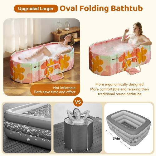 Portable Foldable Bathtub, Freestanding Bathtub No Installation, Bathroom SPA Soaking Bath Tub, Shower Stall Collapsible Hot & Ice Bath for Indoor Outdoor (Pink, 47.2L x 21.6W x 19.6H)