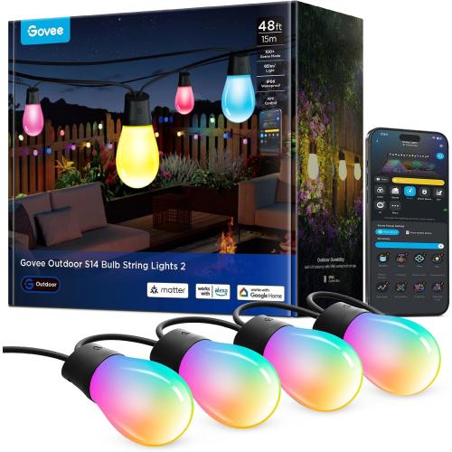 Govee S14 Bulb Outdoor String Lights 2, 48ft RGBICWW, 15 LED Bulbs, IP66 | Patio Lights with 111 Scene Modes for Outdoor Decor, Compatible with Alexa, Google, Matter, APP Control