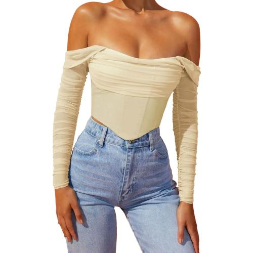 Size S/M..Corset Tops for Women Off The Shoulder Crop Long Sleeve Bustier Boned Concert Going Out Tops