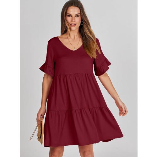 Size M ANRABESS Dresses for Women Summer 2026 V Neck Ruffle Sleeve A Line Tiered Flowy Casual Trendy Mini Beach Dress with Pockets