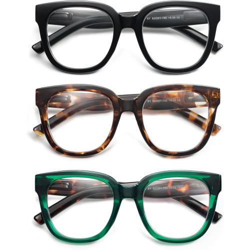 AMOMOMA 3 Pack Oversized Square Reading Glasses for Women,Stylish Retro Cute Blue Light Computer Womens Readers AM6122
