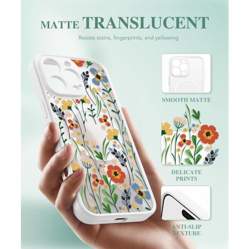 GVIEWIN for iPhone 16 Pro Case Compatible with MagSafe, [Military Grade Protection] [2X Screen Protector] Full Camera Protection Floral Translucent Women Magnetic Phone Case, Blooming Floweret