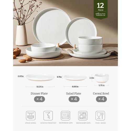 Famiware Milkyway Plates and Bowls Set, 12 Pieces Dinnerware Sets, Dishes Set for 4, White