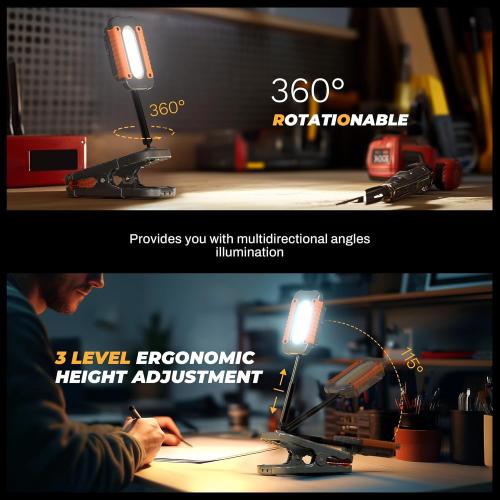 Rechargeable LED Work Light with Clamp, 3000LM Magnetic Clip-on Work Light with 4 Light Modes, 360°Rotation Flood Worklight with Portable Charger, Clamp Work Lights for Workshop, Jobsite