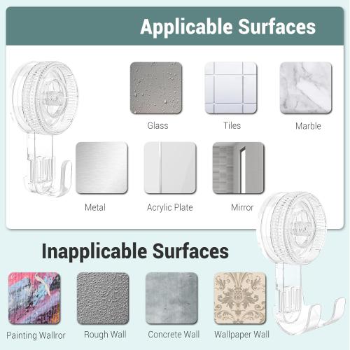 Suction Cup Hooks, BUDGET & GOOD Reusable Waterproof Shower Hook, 4Pcs Vacuum Suction Hooks - Razor Holder - Wreath Hook - Multi-Use for Bathroom Kitchen Office, Storage & Organization for Accessories