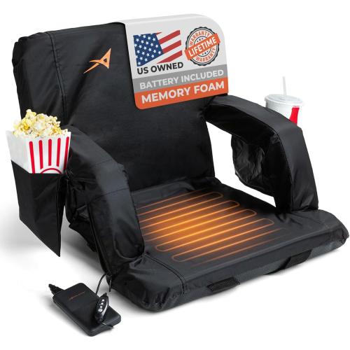 Heated Stadium Seats for Bleachers with Back Support – USB Battery Included - Upgraded 3 Levels of Heat - Foldable Chair - Cushioned, 4 Pockets for Snacks, Cup Holder - for Camping, Games & Sports