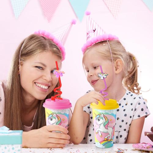 Maxcheck 36 Sets Unicorn Party Favors Goodie Cups with Lids and Straws for Birthday Decorations 36pcs 16oz Plastic Cups Reusable Plastic Straws for Birthday Party (Unicorn)
