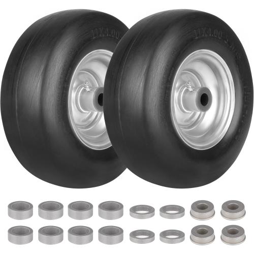 2pack 11x4.00-5 Flat Free Solid Tubeless Tire w/Silvery Steel Rim Fits Zero Turn Mowers, 3.4-4-4.5-5 Centered Hub, Bore ID: 3/4 or 5/8, Come with Universal Adapter Kit, Set of 2