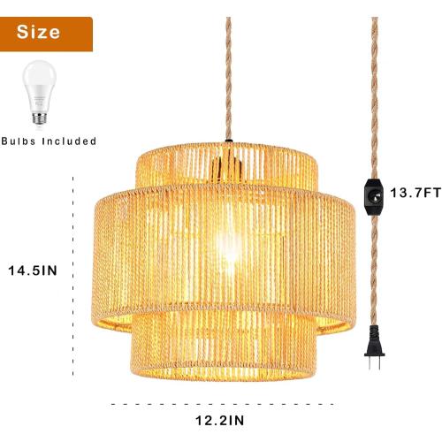 QIYIZM Plug in Pendant Light Hanging Lights with Plug in Cord Hanging Lamp Boho Rattan Dimmable Wicker Bamboo Woven Shade Hemp Rope Ceiling Light Fixture for Living Room Bedroom Kitchen