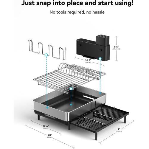 SUNLY Large Dish Drying Rack, Expandable Dish Racks for Kitchen Counter, Space Saving 304 Stainless Steel Drying Rack Kitchen, Extra Large Drainer with Multifunctional Flip Up Pegs, Black