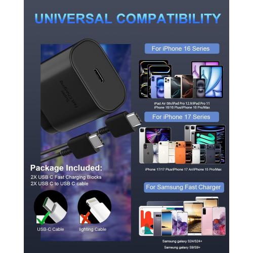 30W USB C Phone 15 Charger Fast Charging Block for iPhone 15/15 Pro Max/15 Pro/15 Plus/Samsung Galaxy S23 Ultra/S23/S23 /S22/S22 Ultra/S22 /S21 Ultra/S20 Ultra/Note 20 & 6.6Ft USB C Charger Cable ‼️ NEW: 2 charging blocks 2 usb to C cables ‼️