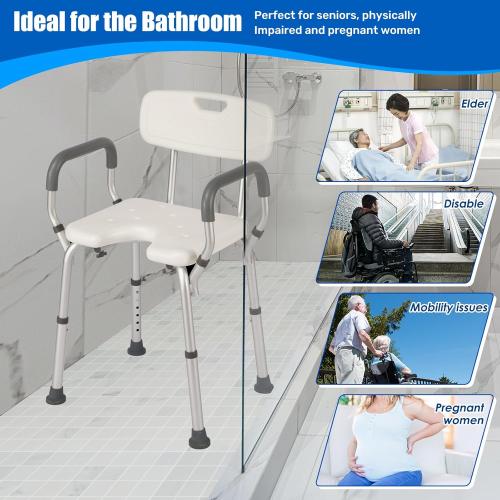 Shower Chair with Arms and Back Heavy Duty 330lbs, Shower Seat for Inside Shower Bathroom Chair with U-Shaped Cutout Seat & Cold-Proof Pads, Tools-Free Assembly