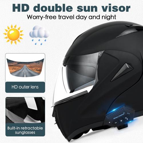 Motorcycle Bluetooth Modular Helmet, DOT Approved Dual Visor Full Face Flip Up Bluetooth Integrated Motorcycle Helmet for Adults Men and Women