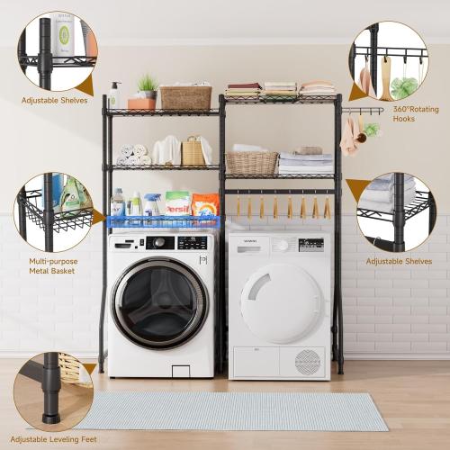 Golpart Over Washer and Dryer Shelves,Heavy Duty Laundry Room Storage Organization Clothes Drying Rack,5 Tier Adjustable Height Wire Shelving and Wire Basket with Hanger Rod&Hook,Space Saving Shelf | Heavy Duty, Clothes Drying Rack, Adjustable Height, Han