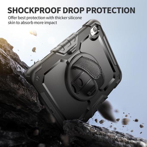 Ambison Case for iPad (A16) 11th/10th Generation 11''/10.9'' 2025/2022, [Kid Proof] Full Body Protective Case with 9H Tempered Glass Screen Protector, 360° Rotatable Kickstand & Hand Strap (Black)