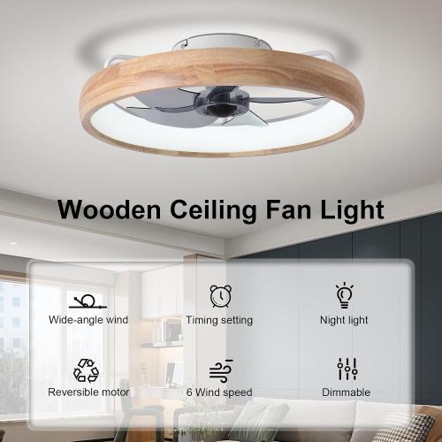 Wood 20” Ceiling Fan with Light, Dimmable LED Timing with Remote Control, 5 Invisible Reversible Blades Semi Flush Mount Low Profile Fan, Arc Wooden Frame