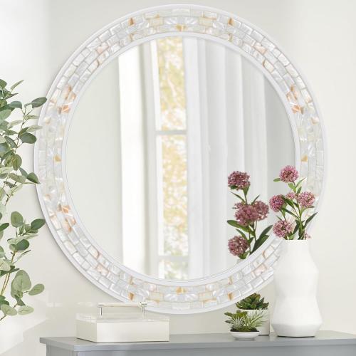 Tanmicoshomy 36 Inch Large Round Mirror, Natural Shell Inlay Framed Large Circle Mirrors with Shatterproof Glass for Bathroom Bedroom Living Room or Entryway (White)
