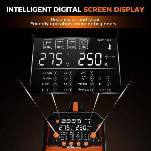 250A MIG Welder,6 in 1 Gas MIG/Gasless Flux Core/Stick/Lift TIG/Spot Welding/Spool Gun Compatible Aluminum Welding Machine Large LED Display 110V/220V Multi Process Welder