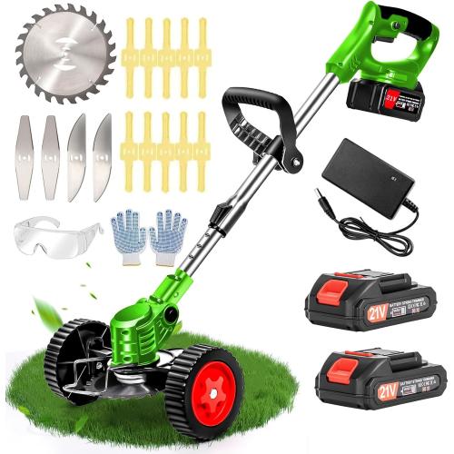Electric Weed Wacker Cordless with Wheels, 2pcs Batteries&4 Types Blades,Lightweight, Low Noise Weed Trimmer 21V stringless Weed Wacker, Grass Trimmer/Brush Cutter/Edger, for Thick Weeds&Yard Garden
