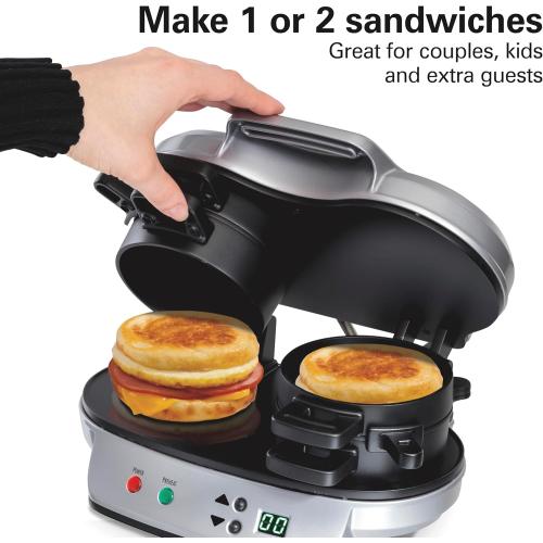 Hamilton Beach Dual Breakfast Sandwich Maker with Timer, Ready in 5 Minutes, Removable Dishwasher Safe PFAS-Free Non-Stick Egg Cooker Ring, Silver (25490MNA)