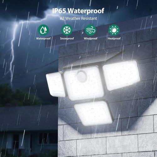 3000LM Solar Lights Outdoor, 4 Adjustable Heads Motion Sensor Security Light, 3 Modes, 6500K, IP65 Waterproof Solar Wall Flood Lights for Garden, Outside, Backyard, 1 Pack