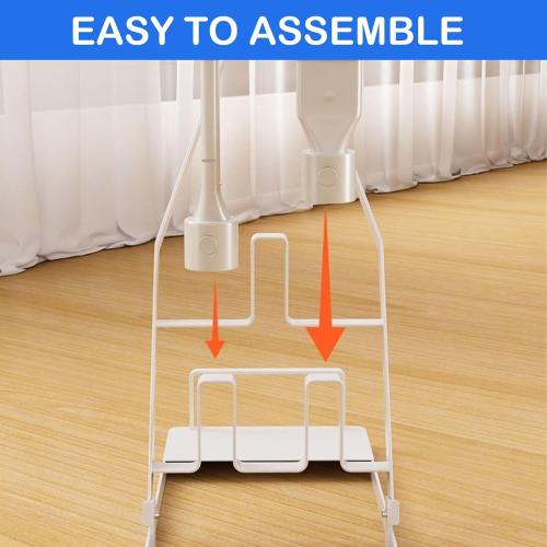 No-Drill Vacuum Cleaner Stand, Sturdy Metal Storage Rack with Large Base, Accessory Docking Station Holder, Compatible with Most Cordless Stick Vacuums, Home Organizer (White)