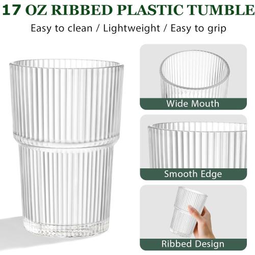 17oz Shatterproof Ribbed Glasses, Plastic Tumblers for Poolside – Clear Acrylic Cups, Stackable & Reusable, Dishwasher Safe Drinkware – Set of 8