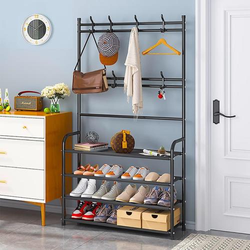 Black H: 61 4 Tier Shoe Rack Coat Rack Shoe Shelf Freestanding with 8 Hooks for Front Door Entryway Bedroom Closet, Black