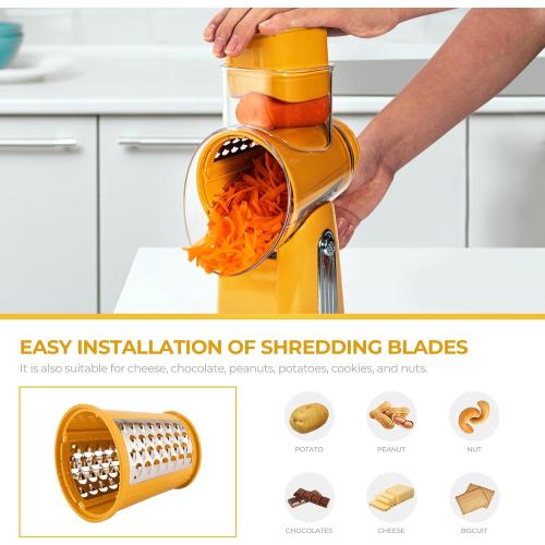SUSTEAS Rotary Cheese Grater with Handle - Vegetable Shredder with 5 Well-designed Blades & Strong Suction Base,Round Mandoline Slicer & Food Chopper for Kitchen,with Blade Storage Box(Yellow)