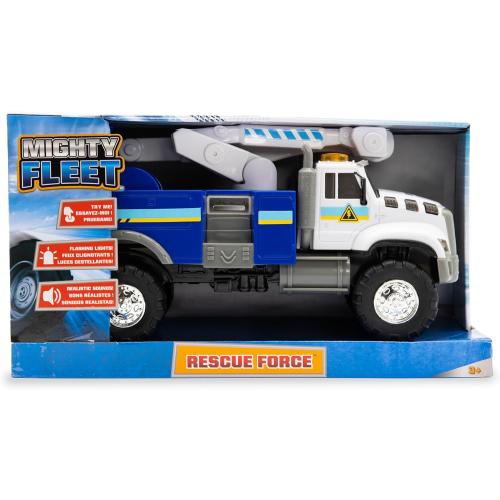 Mighty Fleet Rescue Force 12 Tough Cab Cherry Picker Toy Truck - Realistic Lights & Sounds, Movable Cherry Picker Arm, Free Wheeling Play, Ages 3