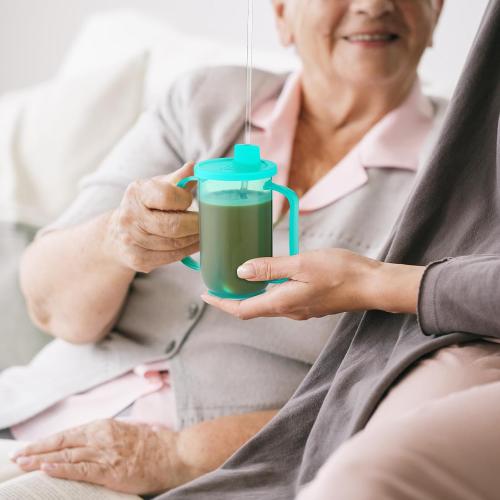 Sliner Adult Sippy Cups for Elderly 12 oz Straw Sippy Cups with 2 Handles No Spill for Adults Spill Proof Dysphagia Cup for Disabled Patients (Blue)