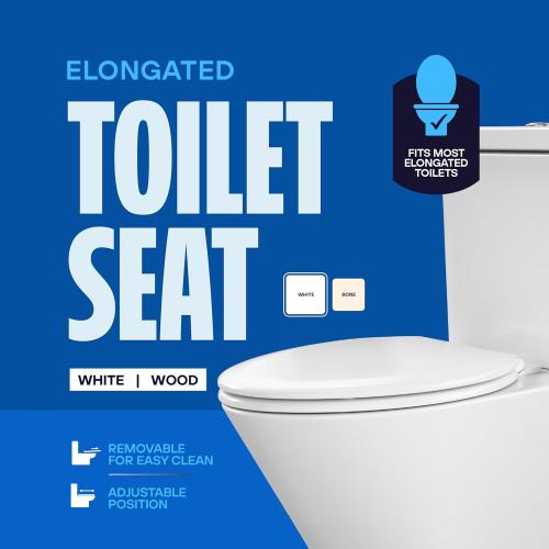 HIGHCRAFT Premium Elongated Toilet Seat with Adjustable Hinges & Quick Removal Mechanism - Molded Wood Toilet Seat - Fits Standard Elongated Toilets - Oval Seat in White