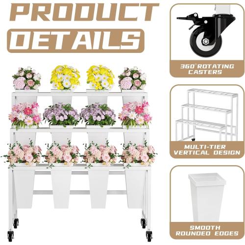 Flower Display Stand with 12 Buckets, 3 Layers Flower Bar, White Metal Plant Stand with Wheels, Heavy Duty Flower Cart for Indoor Outdoor Patio Garden Wedding Florist, White Metal Frame