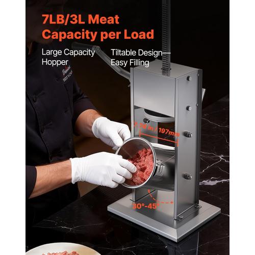 VEVOR Manual Sausage Stuffer, 7 LBS / 3 L Vertical Meat Stuffer, Heavy Duty Sausage Casing Meat Stuffing Machine, Dual-Speed Stainless Steel Filler with 5 Filling Tubes, for Commercial and Home Use ‼️used could be missing or broken parts ‼️