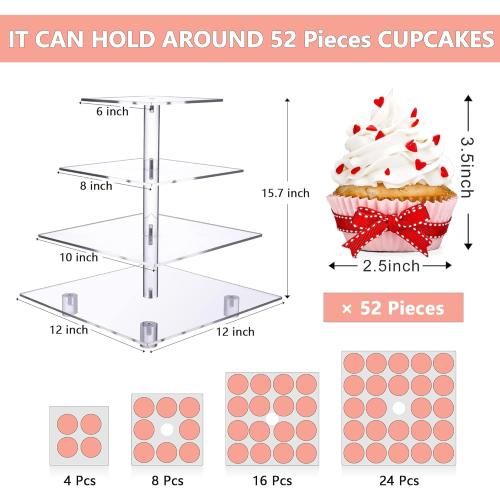 Cupcake Stand, 4 Tier Cupcake Stand for 50 Cupcakes, Square Tiered Cupcake Tower, Clear Acrylic Cupcake Holder, Dessert Stands for Party, Wedding, Birthday, Baby Shower, Halloween