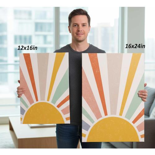 3 Pieces Nursery Boho Canvas Wall Art Rainbow Sun Rising on the Horizon Geometric Nature Illustration Line Pictures Wall Decor Posters Prints for Toddler Kids Room Home Decoration