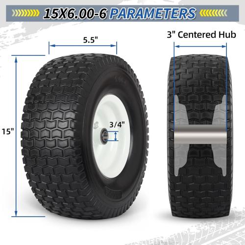 15x6.00-6 Flat Free Lawn Mower Tire and Wheel, 15x6-6nhs Riding Mowers Lawn Tire and Wheel with 3/4 Bearing, 3 Centered Hub, 2 Pack