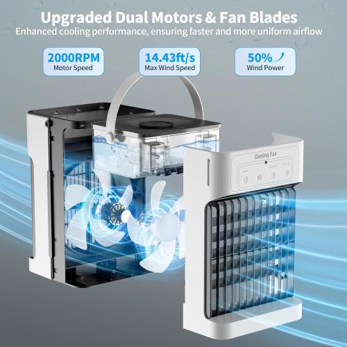 Portable Air Conditioners for Bedroom, Dual Motor Evaporative Air Cooler with 3 Speeds & 3 Mist, 7 Color Night Light Cooling Fan with 2-8H Timer, 1100ML Personal AC Unit for Office Room