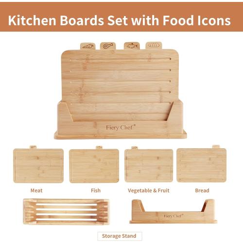 12.6L x 9W Bamboo Cutting Board Set of 4 - Wood Cutting Board Set with Holder, Chopping Boards Set with Food Icons, Juice Groove - Ideal for Meat, Fish, Bread, Vegetable, Fruit Chopping