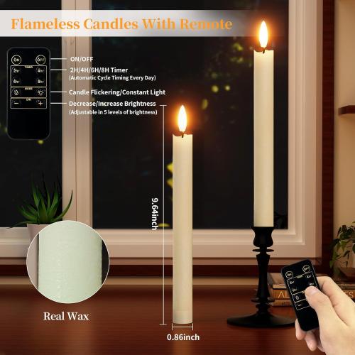 Rechargeable Flameless Taper Candles with Charging Station 6Pcs Real Wax Battery Taper Candles with Remote Timer Led Candlesticks Flickering Realistic for Christmas Home Wedding Decor Ivory