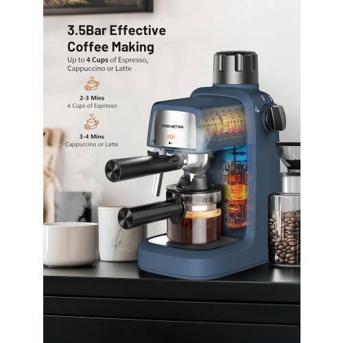 KEENSTAR 3.5Bar Espresso Machine with Milk Frother, 800W Compact Espresso and Cappuccino Machine with Preheating Function, 4 Cup Espresso Maker for Cappuccino or Latte, Gift for Coffee Lover