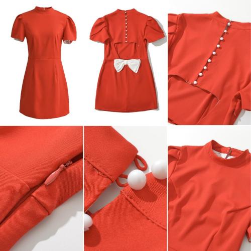ANKOMINA Women's Medium Elegant Bow Backless Hollow Out Mini Dress Sexy Turtleneck Pad Shoulder Dresses for Party Evening