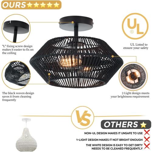 2-Lights Woven Rattan Ceiling Light Fixture, Black Farmhouse Hand-Woven Cage Semi Flush Mount Ceiling Light, Small Boho Coastal Basket Close to Ceiling Light for Bedroom Hallway Nursery Entryway